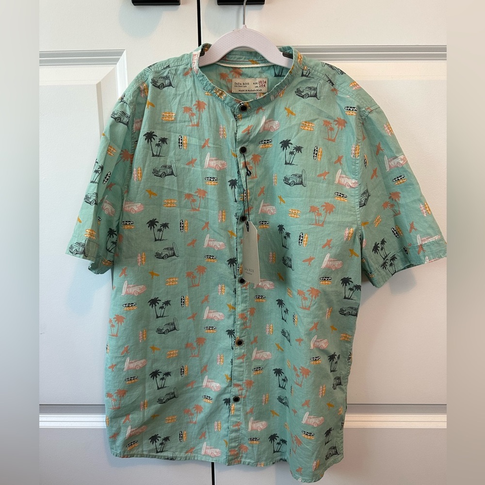 Zara Boys Collarless Blue Beach Button Down Shirt NWT (Size 13-14)